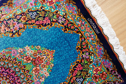  89×59cm　手織り ペルシャ絨毯 クム産 シルク100% 証明書付