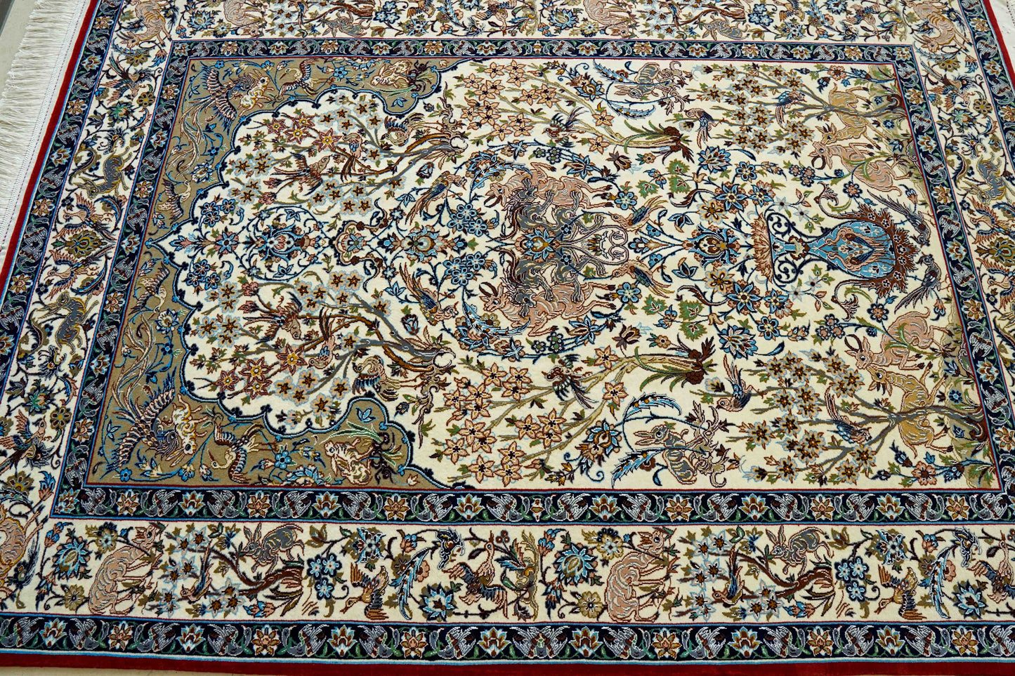  ペルシャ絨毯 オールドイスファハン産 サラフ・マームリ工房 約168×120cm｜コルクウール＆シルク 手織り ペルシャ絨毯