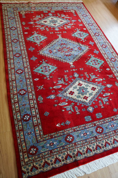  パキスタン手織り絨毯 209×127cm｜メリノウール使用・天然染料のトライバルデザインラグ