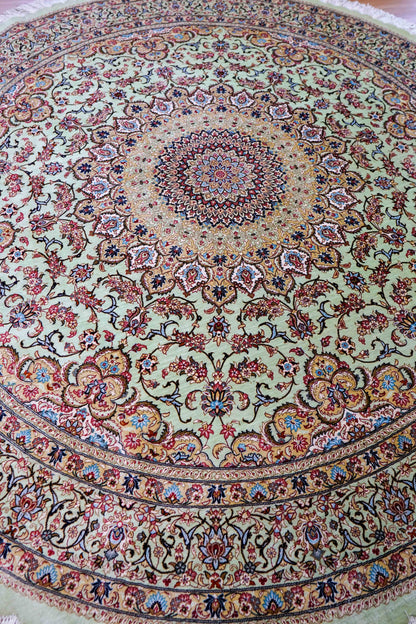 手織りペルシャ絨毯 カシャーン産 ファッラ工房 シルク100% 丸 200×200cm