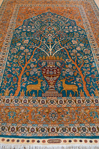  トルコ・ヘレケ シルク手織り絨毯 140×102cm｜1970年代 ヴィンテージ ラグ　Turkish Ozipek hereke