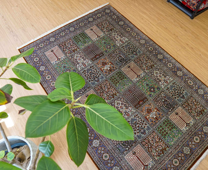  手織りペルシャ絨毯 クム産 バーバイ工房 100％シルク 200×135cm ヘシティデザイン・最高級シルクラグ