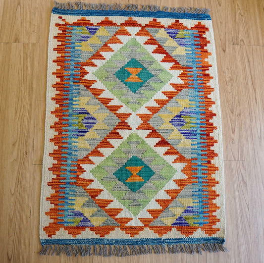  アフガニスタン手織りキリム 89×61cm 玄関マット 遊牧民伝統の平織りラグ