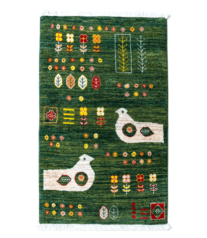  ペルシャ手織りカシュクリギャッベ リズバフト 93×62cm｜緑の草原と鳥のモチーフ・高密度織り ギャベ