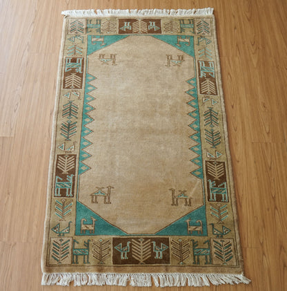 Collection 129×81cm パキスタン手織り絨毯 ベージュ＆ターコイズ モダンボーダーデザイン