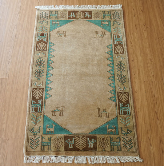 Collection 129×81cm パキスタン手織り絨毯 ベージュ＆ターコイズ モダンボーダーデザイン