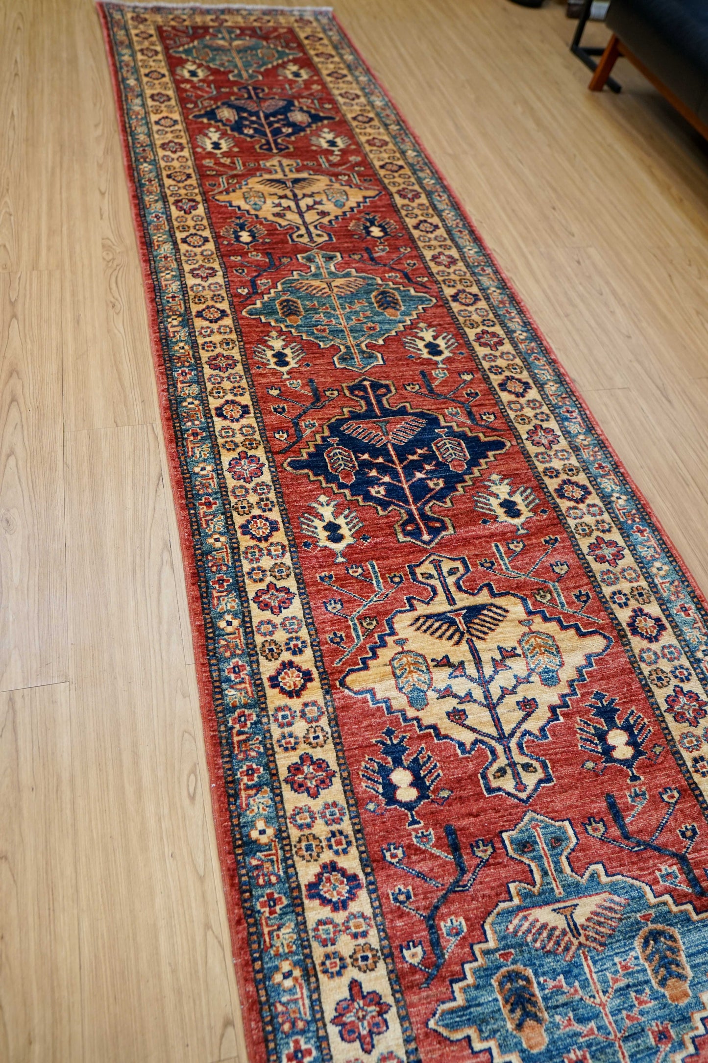 アフガニスタン手織り ガズニウールラグ 317×78cm｜カザクデザイン・ロングランナー｜赤×ブルー