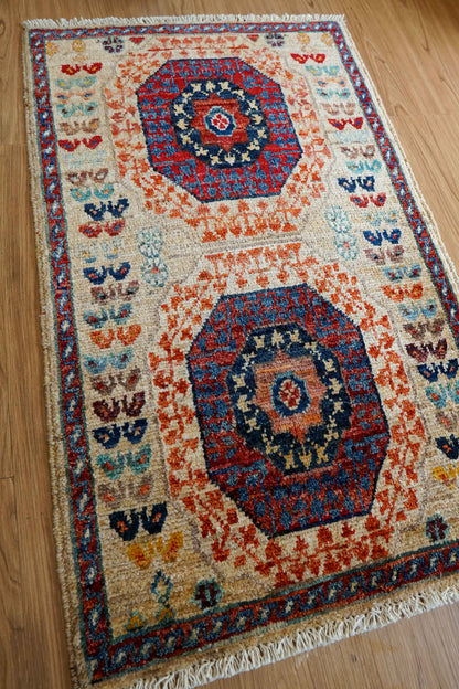  アフガン ガズニー手織り絨毯 ベージュ×レッド 92×56cm