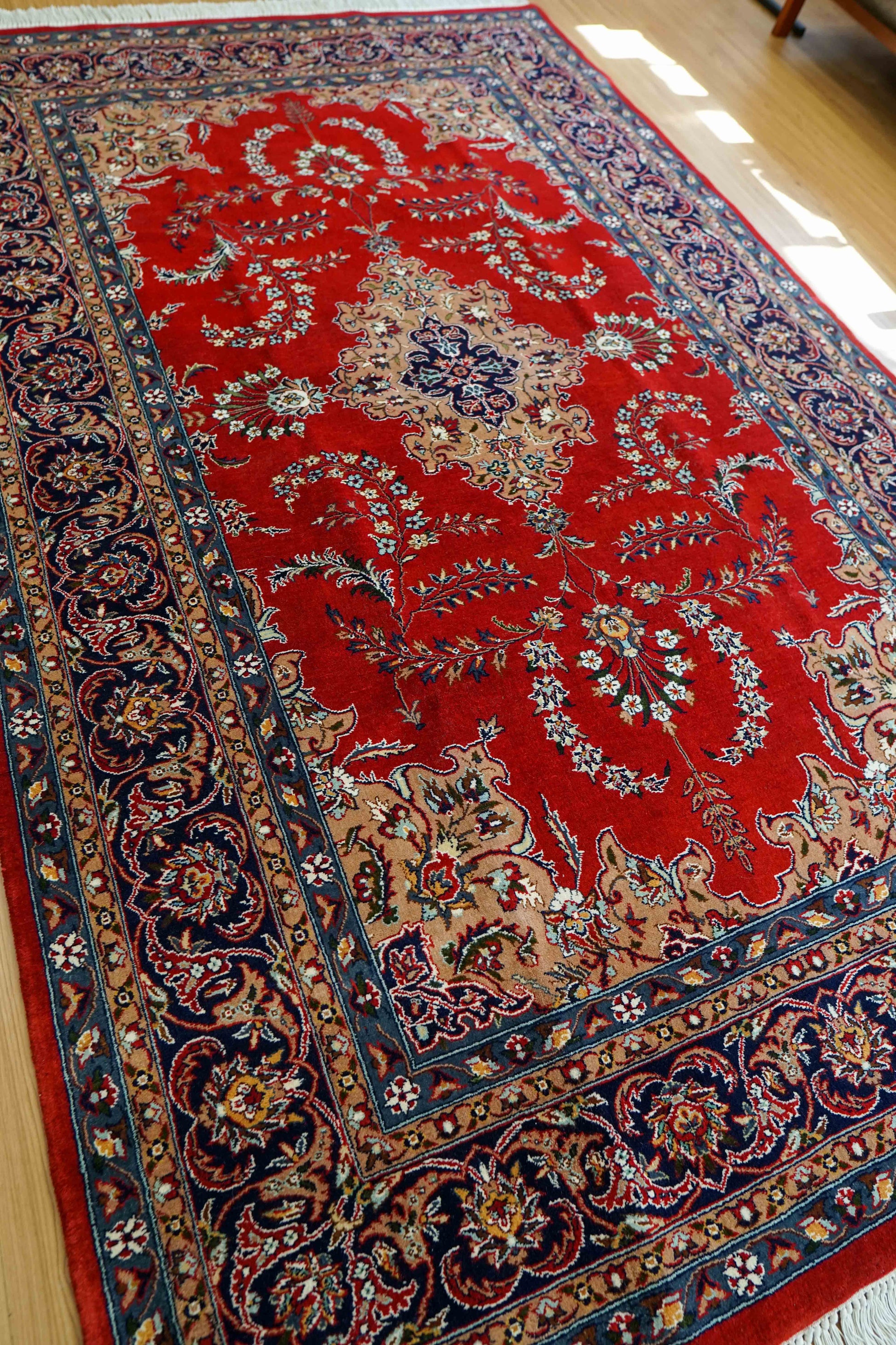  ペルシャ絨毯 手織り ダブルノット 高密度ウール 256×154cm｜厚手で丈夫 赤基調クラシックデザイン