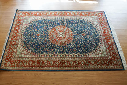 Collection 197×135cm ペルシャ手織り絨毯 クム産 ヌーリ工房 シルク100% 証明書付