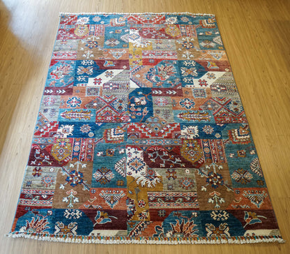  アフガン絨毯 ガズニー産 ウール トライバルパッチワークデザイン 206×153cm