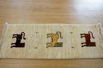  手織りペルシャ・ルリバフト ギャッベ ランナー 120×42cm｜ライオンモチーフ