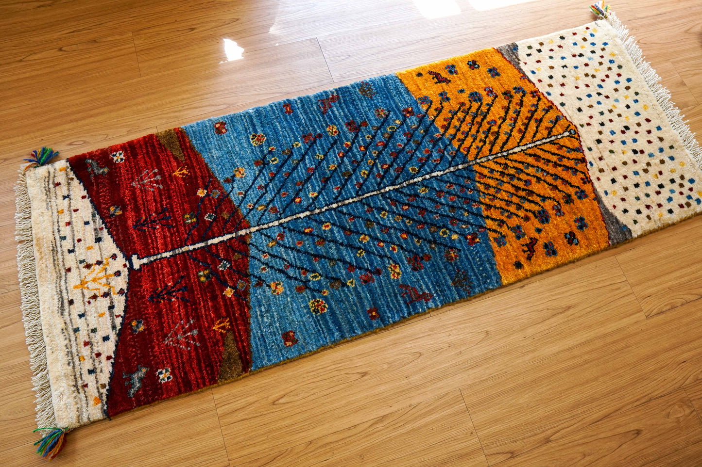  ペルシャ手織りカシュクリギャッベ リズバフト ランナー 151×58cm｜手紡ぎウール・草木染め 生命の樹デザイン