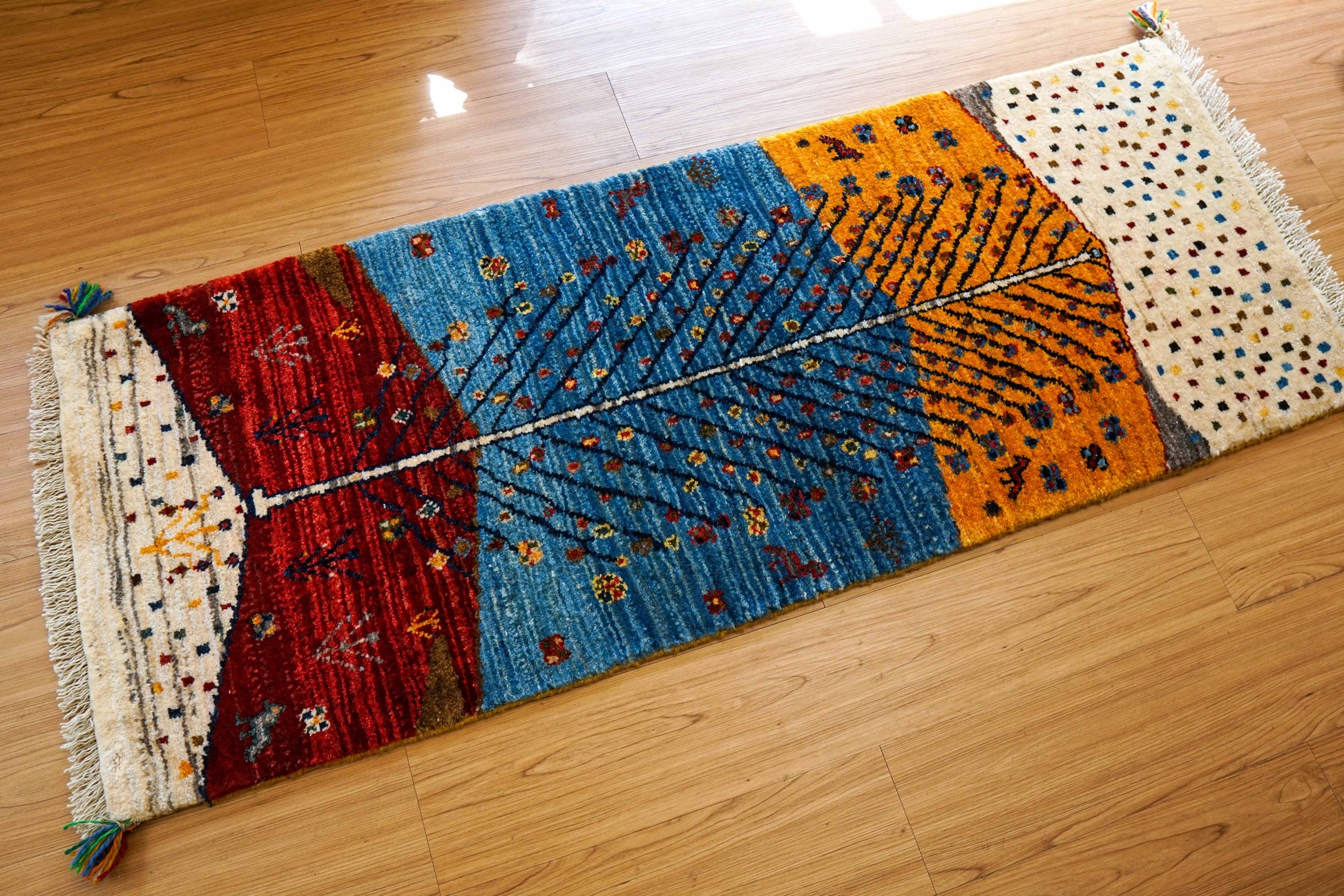  ペルシャ手織りカシュクリギャッベ リズバフト ランナー 151×58cm｜手紡ぎウール・草木染め 生命の樹デザイン