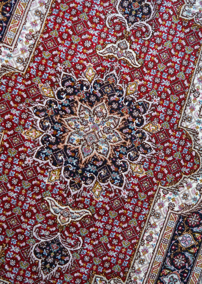  ペルシャ手織り絨毯 タブリーズ産 50RAJ 96×62cm 「マヒ文様」｜ウール＆シルク