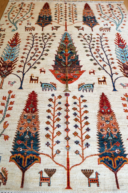  アフガニスタン 手織りガズニギャッベ 203×154cm｜草木染め・生命の木と動物文様