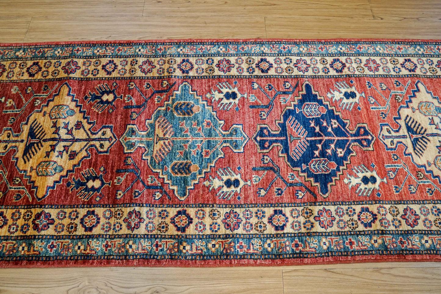 アフガニスタン手織り ガズニウールラグ 317×78cm｜カザクデザイン・ロングランナー｜赤×ブルー