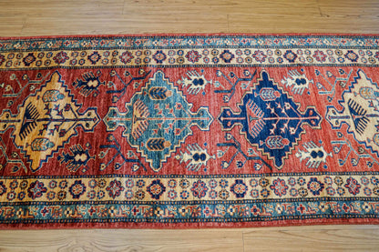  アフガニスタン手織り ガズニウールラグ 317×78cm｜カザクデザイン・ロングランナー｜赤×ブルー