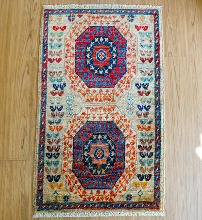  アフガン ガズニー手織り絨毯 ベージュ×レッド 92×56cm