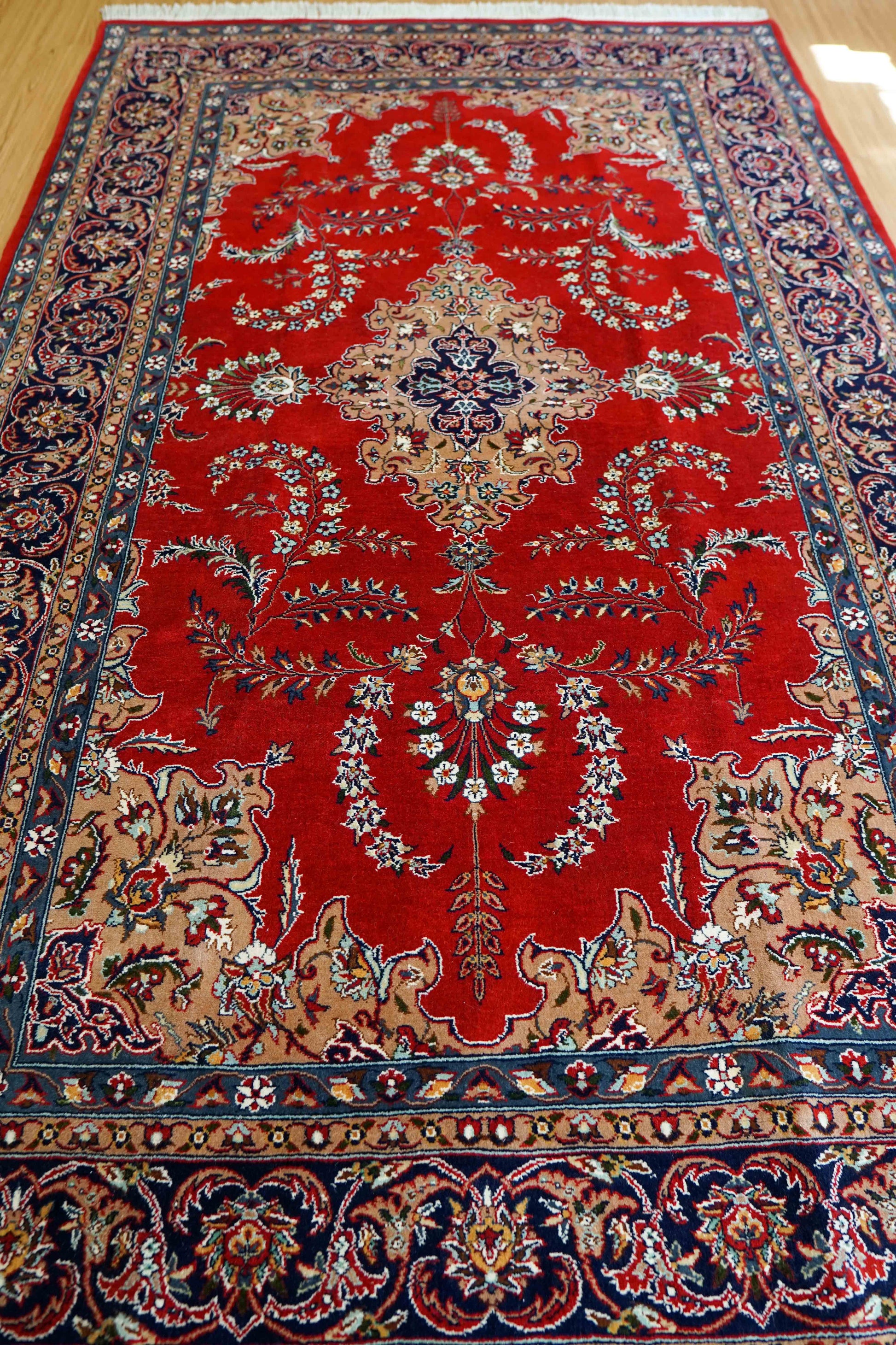  ペルシャ絨毯 手織り ダブルノット 高密度ウール 256×154cm｜厚手で丈夫 赤基調クラシックデザイン