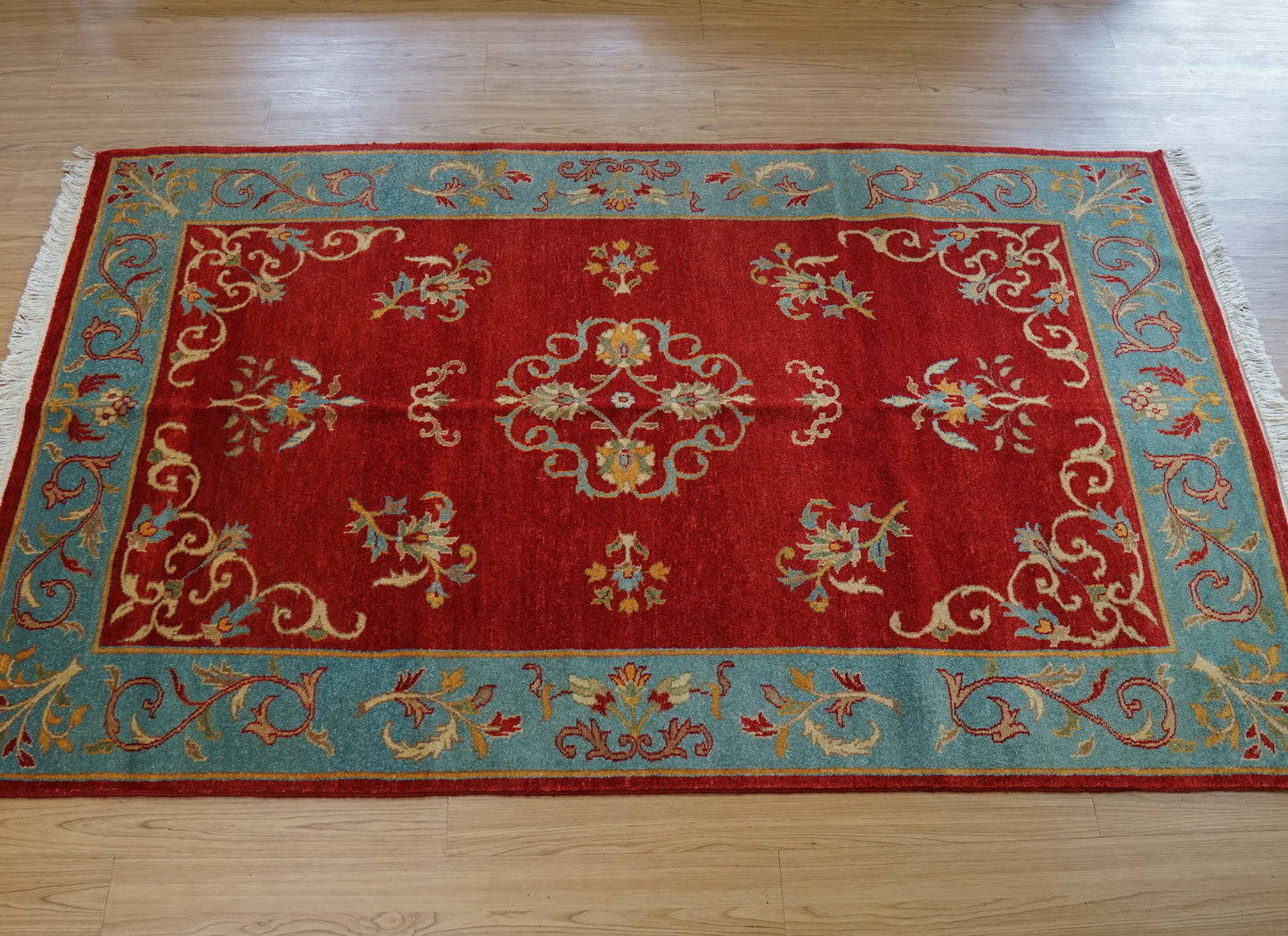  パキスタン手織り絨毯 210×129cm｜手紡ぎウール 草木染め 花文様 レッド×ターコイズ オリエンタルラグ 一点物