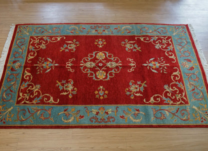  パキスタン手織り絨毯 210×129cm｜手紡ぎウール 草木染め 花文様 レッド×ターコイズ オリエンタルラグ 一点物