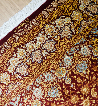 手織りペルシャ絨毯 クム産 アフマディ工房 100％シルク 300×204cm｜総シルク 大判サイズ｜精密メダリオンデザイン