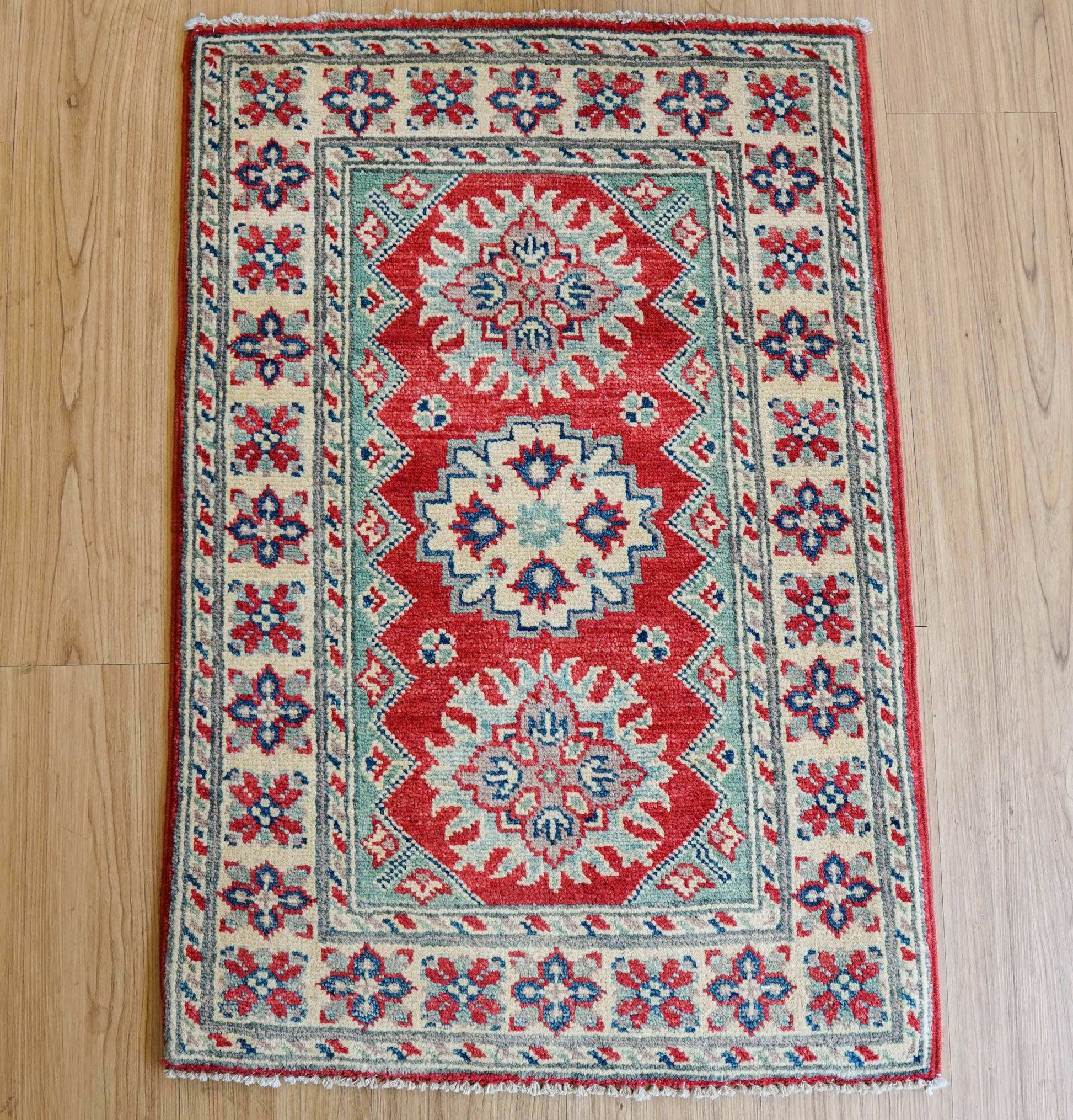  アフガニスタン手織り絨毯 89×60cm｜ガズニーウール・草木染めの伝統幾何学文様