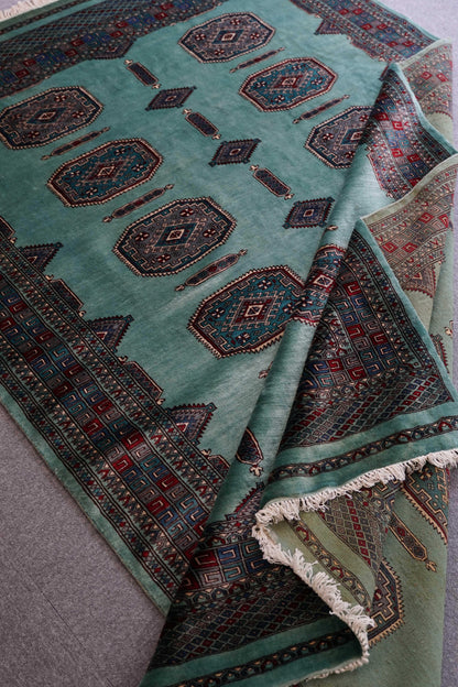  パキスタン手織り絨毯 239×155cm｜高密度ウール ニュージーランドウール使用 緻密織り グリーン系 トライバルデザイン