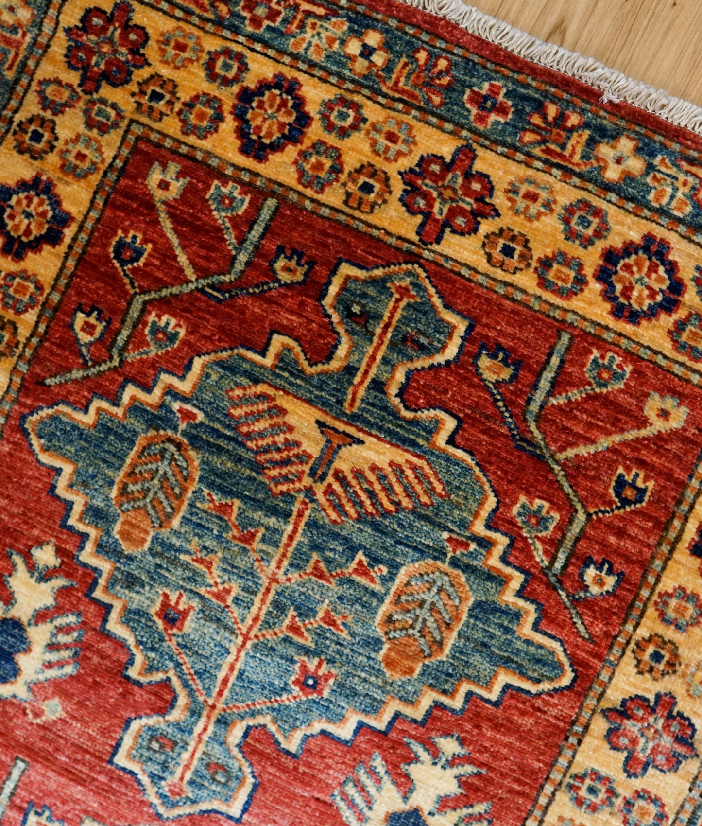 アフガニスタン手織り ガズニウールラグ 317×78cm｜カザクデザイン・ロングランナー｜赤×ブルー