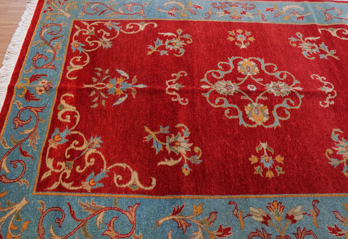  パキスタン手織り絨毯 210×129cm｜手紡ぎウール 草木染め 花文様 レッド×ターコイズ オリエンタルラグ 一点物