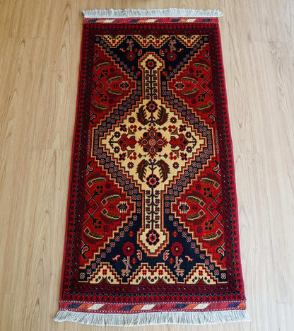  アフガニスタン手織り絨毯 カールモハメディ 105×52cm｜高密度織り・上質ウール トライバルラグ