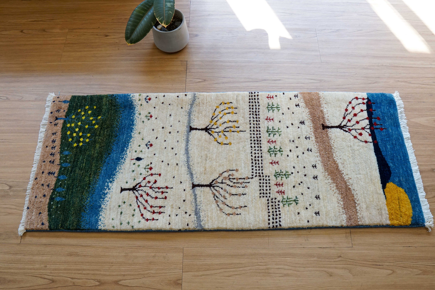  手織りペルシャカシュクリギャッベ リズバフト ランナー 113×44cm｜風景デザイン 生命の木 ウールラグ