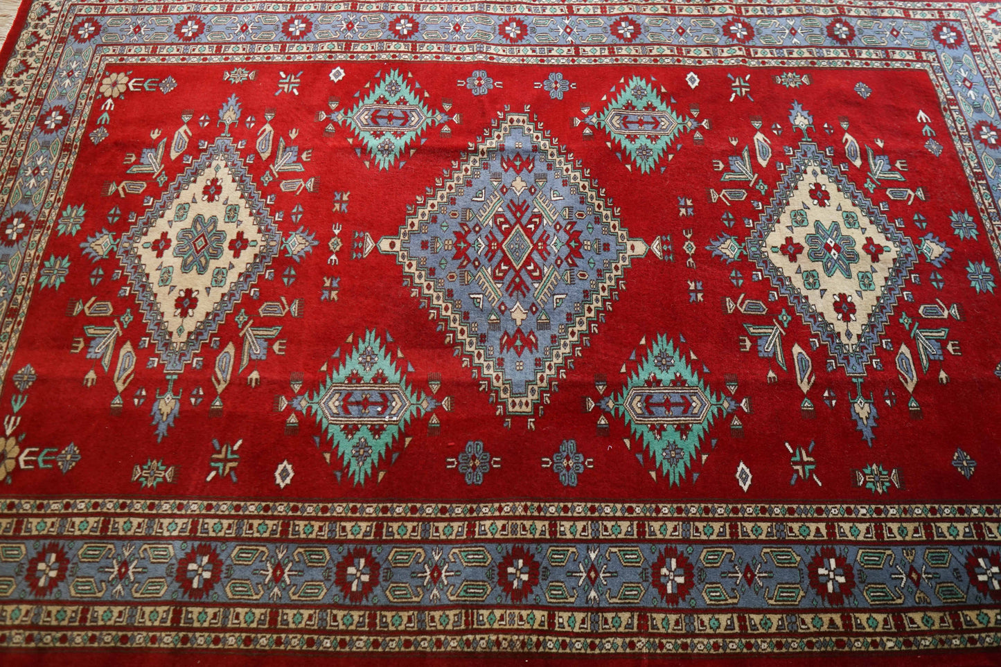  パキスタン手織り絨毯 209×127cm｜メリノウール使用・天然染料のトライバルデザインラグ