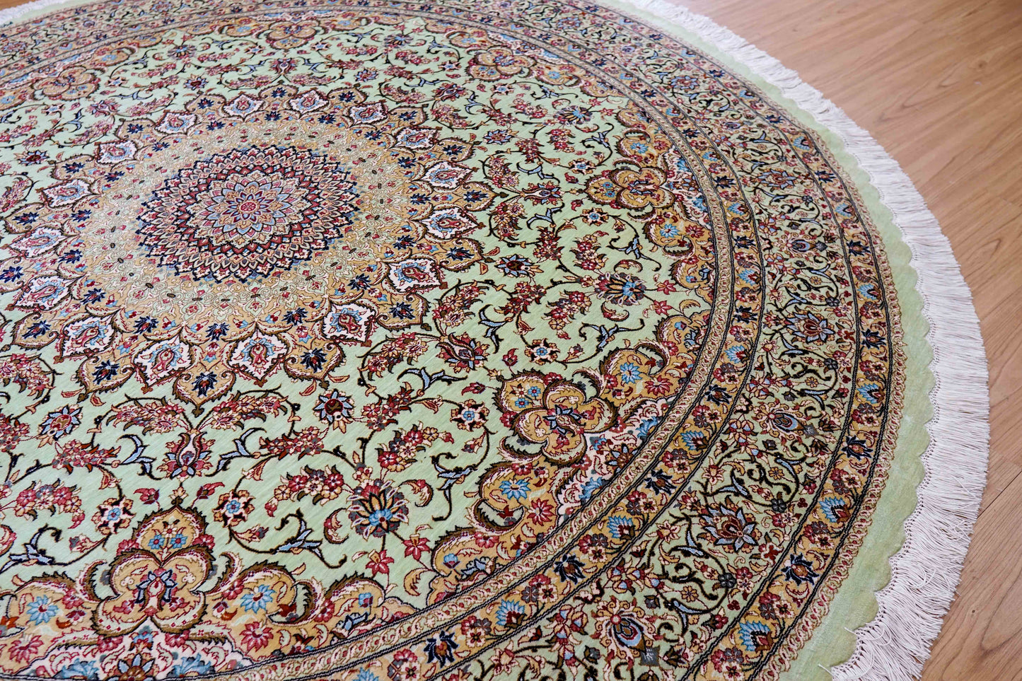 手織りペルシャ絨毯 カシャーン産 ファッラ工房 シルク100% 丸 200×200cm