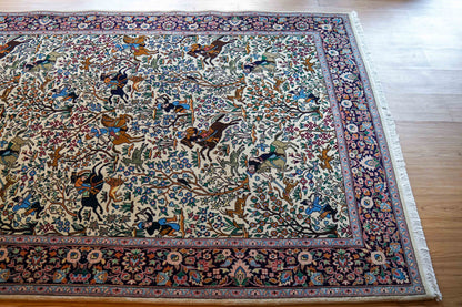  ペルシャ絨毯 タブリーズ産 シカルガー（狩猟図）デザイン 218×140cm 手織りラグ