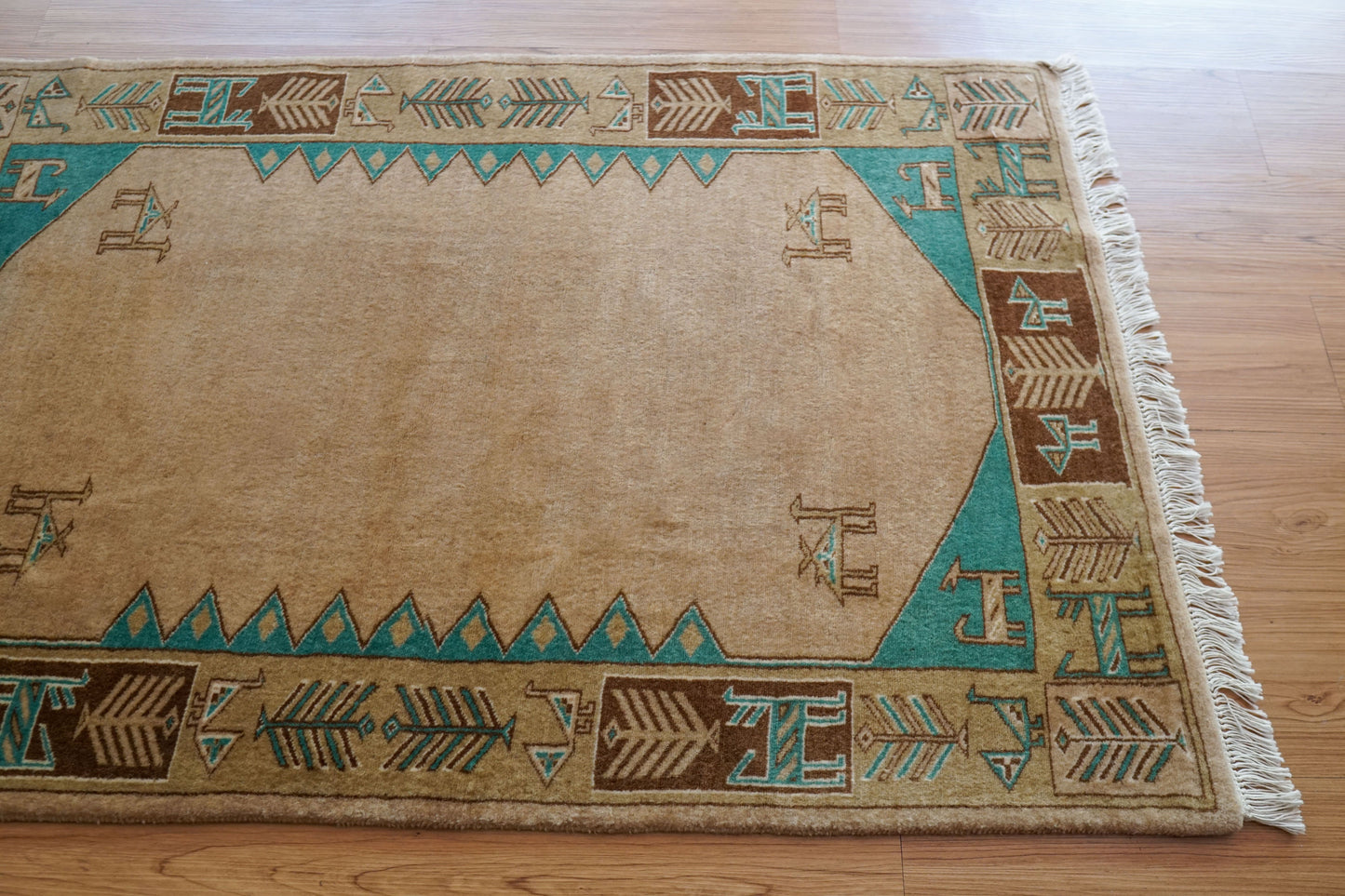 Collection 129×81cm パキスタン手織り絨毯 ベージュ＆ターコイズ モダンボーダーデザイン