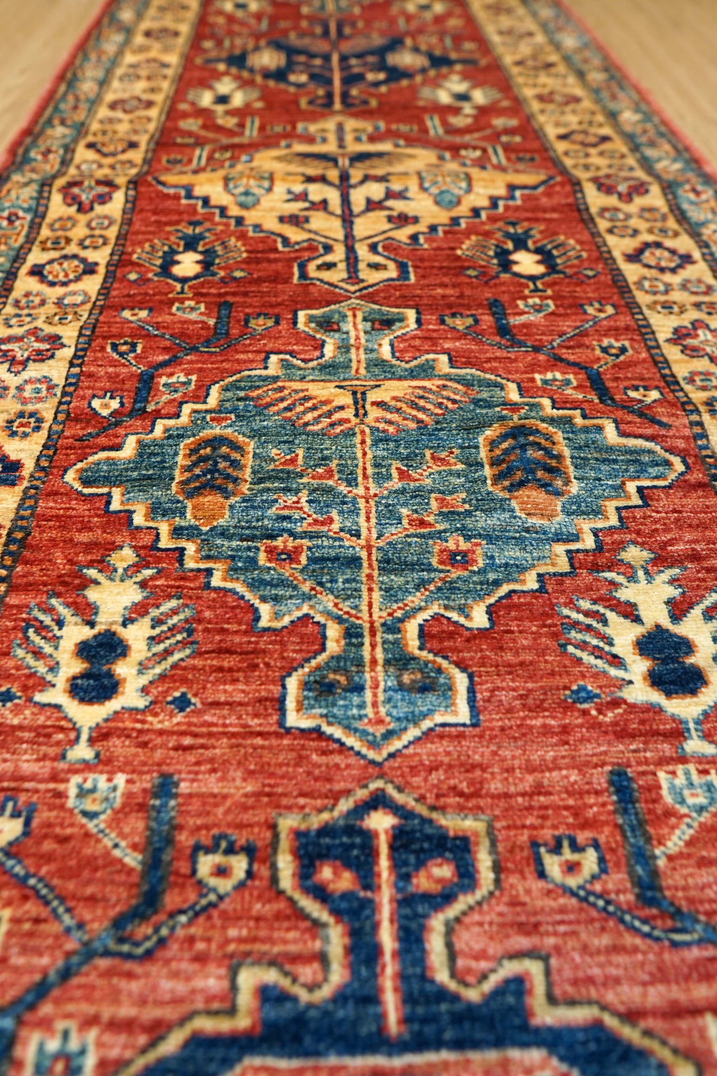 アフガニスタン手織り ガズニウールラグ 317×78cm｜カザクデザイン・ロングランナー｜赤×ブルー