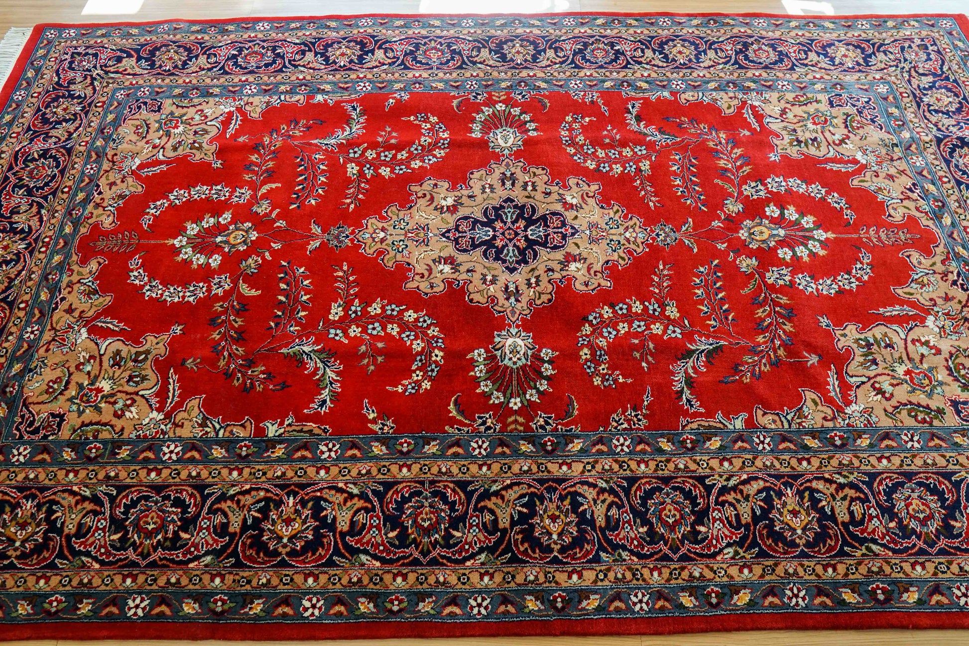  ペルシャ絨毯 手織り ダブルノット 高密度ウール 256×154cm｜厚手で丈夫 赤基調クラシックデザイン