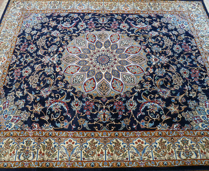  ペルシャ絨毯 ナイン産 250×200cm｜ウール×シルク・繊細メダリオンの伝統デザイン