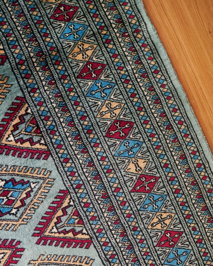  パキスタン手織りジャルダール絨毯 ターコイズグリーン 184×122cm