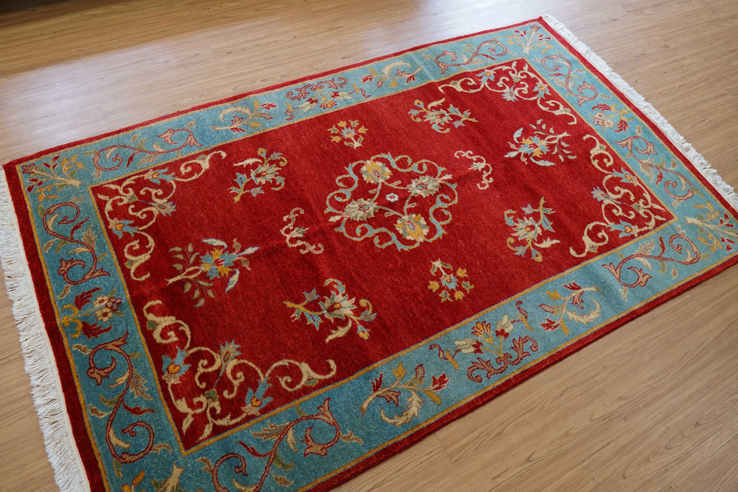  パキスタン手織り絨毯 210×129cm｜手紡ぎウール 草木染め 花文様 レッド×ターコイズ オリエンタルラグ 一点物