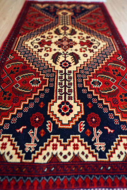  アフガニスタン手織り絨毯 カールモハメディ 105×52cm｜高密度織り・上質ウール トライバルラグ