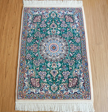  ペルシャ絨毯 ナイン産 手織り 90×63cm｜グリーンメダリオンデザイン 玄関マットサイズ