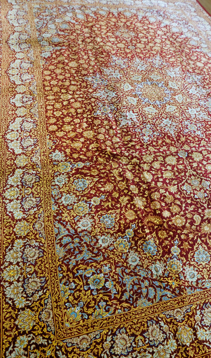 手織りペルシャ絨毯 クム産 アフマディ工房 100％シルク 300×204cm｜総シルク 大判サイズ｜精密メダリオンデザイン