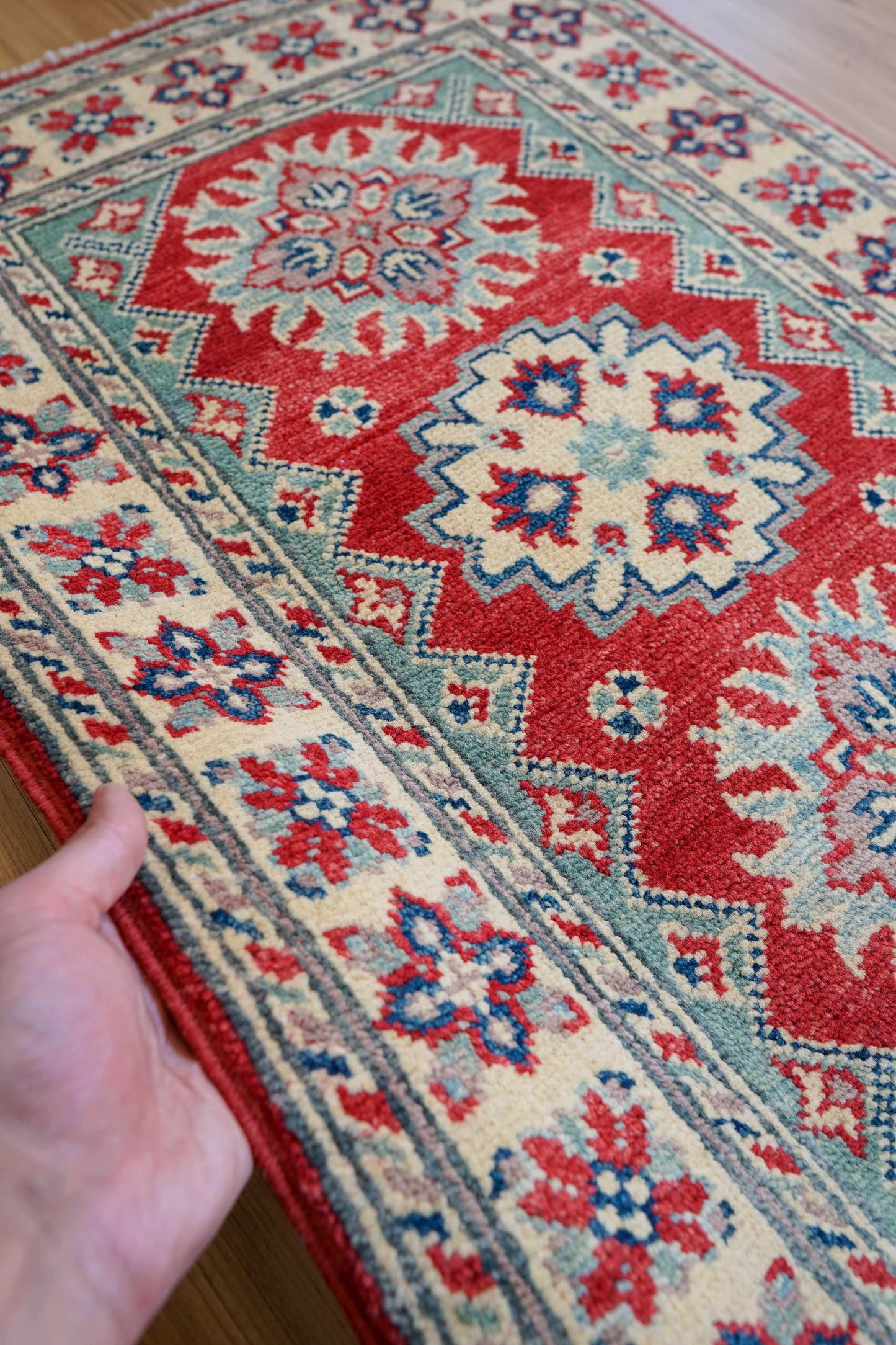  アフガニスタン手織り絨毯 89×60cm｜ガズニーウール・草木染めの伝統幾何学文様