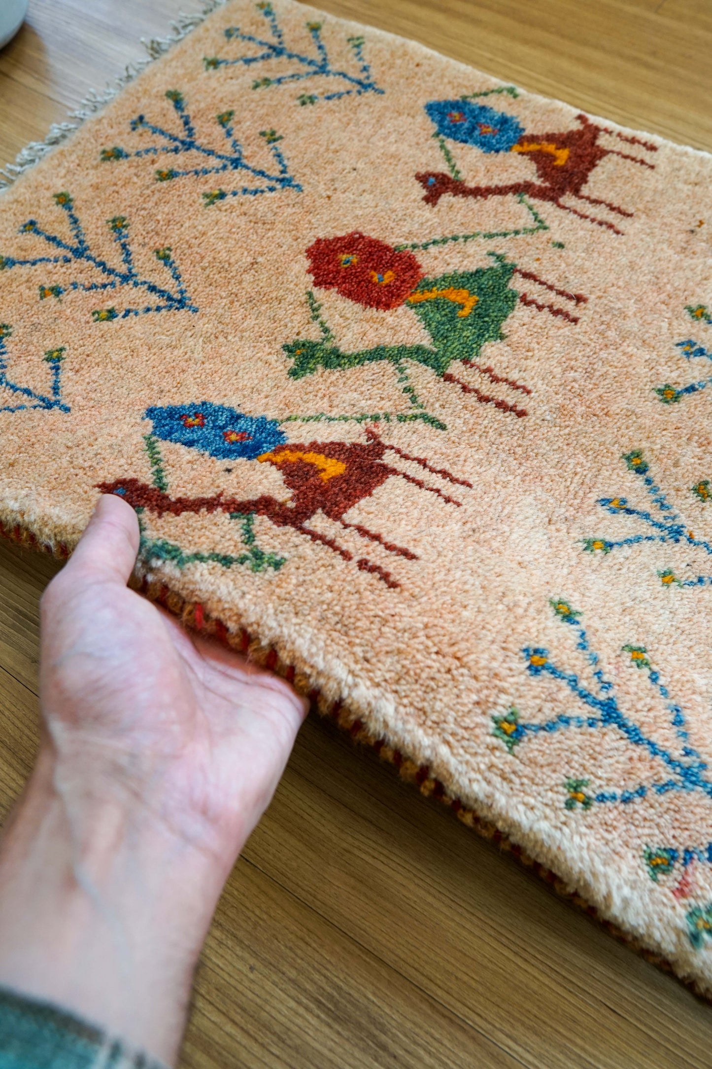 ペルシャ手織りギャッベ アマレ族 60×40cm｜ラクダモチーフ 玄関マット ナチュラルウール