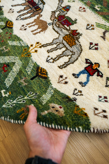  ペルシャ手織り カシュクリギャッベ 丸型 98cm丸｜ウール100% 草木染め ラウンドラグ