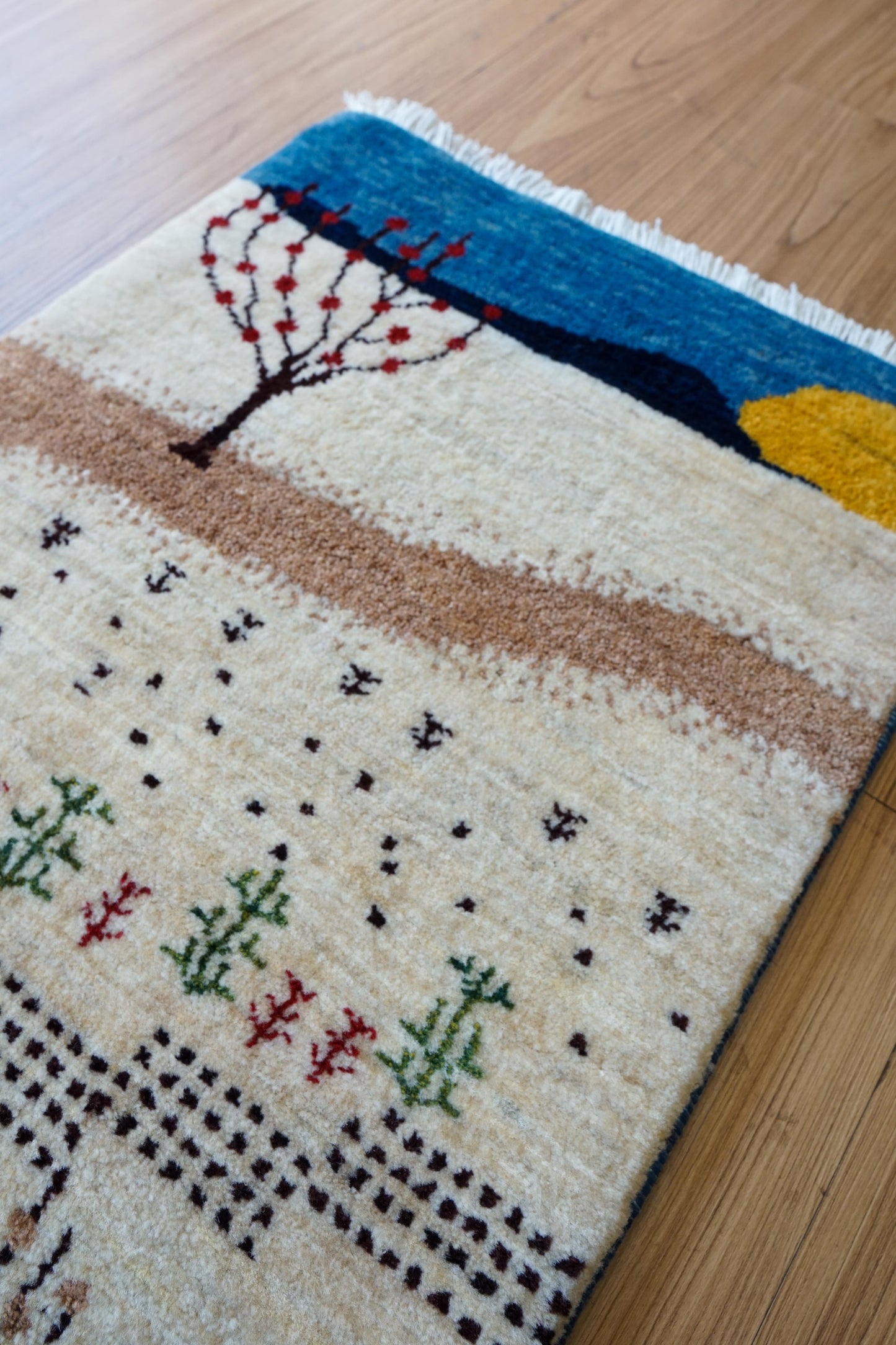  手織りペルシャカシュクリギャッベ リズバフト ランナー 113×44cm｜風景デザイン 生命の木 ウールラグ