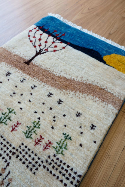  手織りペルシャカシュクリギャッベ リズバフト ランナー 113×44cm｜風景デザイン 生命の木 ウールラグ